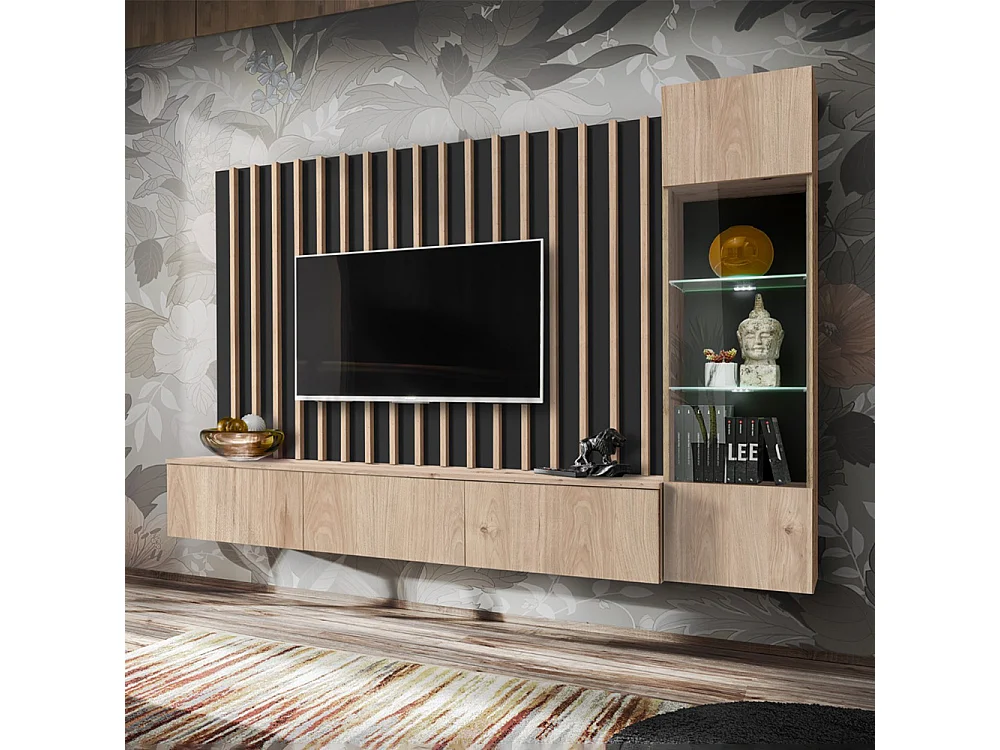 Parete attrezzata 220x148cm sospesa per salotto design moderno rovere e nero PAP143