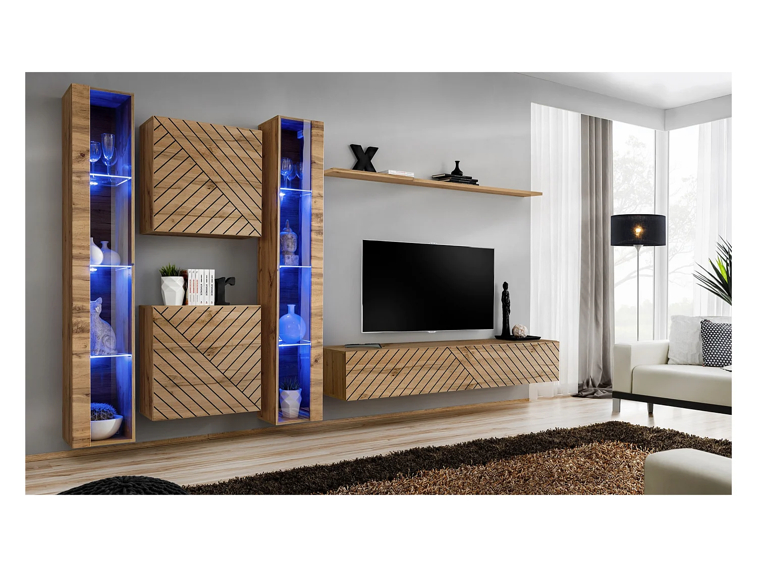 Parete attrezzata moderna da soggiorno con illuminazione led 330x180 rovere PAP60