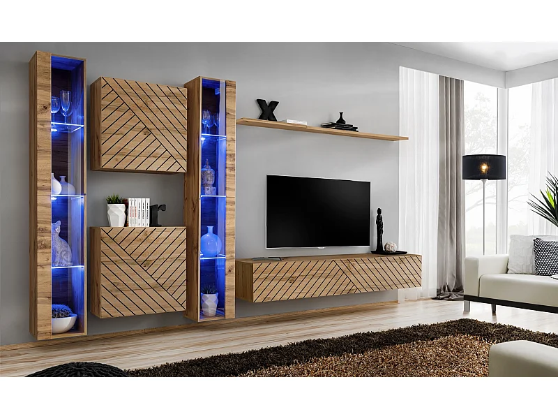 Parete attrezzata moderna da soggiorno con illuminazione led 330x180 rovere PAP60