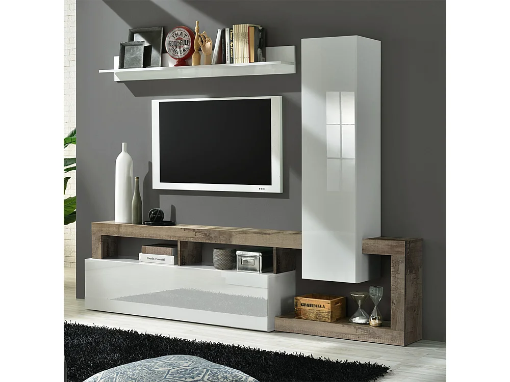 Parete attrezzata moderna a terra con singolo pensile verticale 219x173 PAL3 bianco e pero