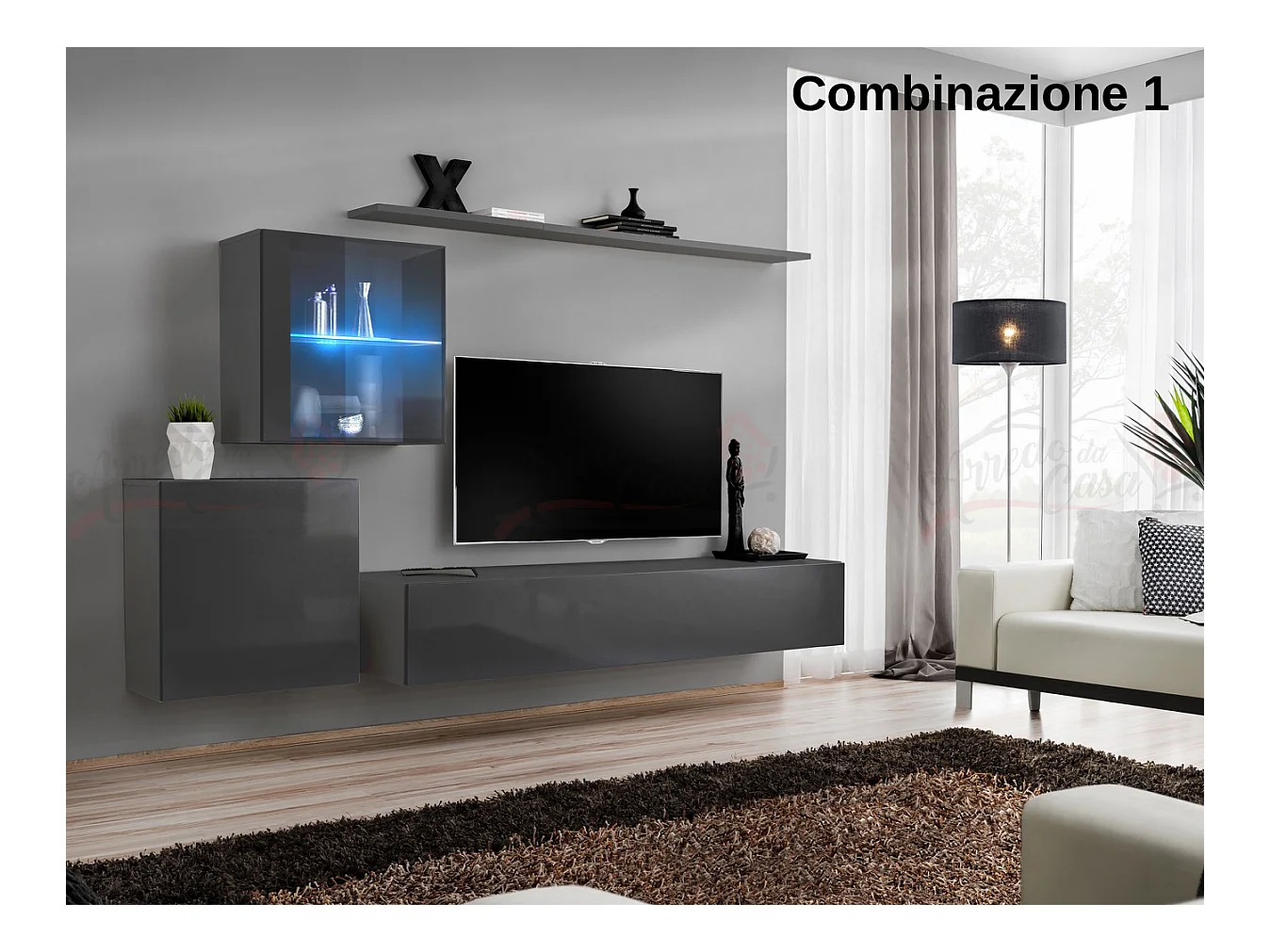 Parete attrezzata design moderno con vetrina illuminata PAP59 250x150 grigio