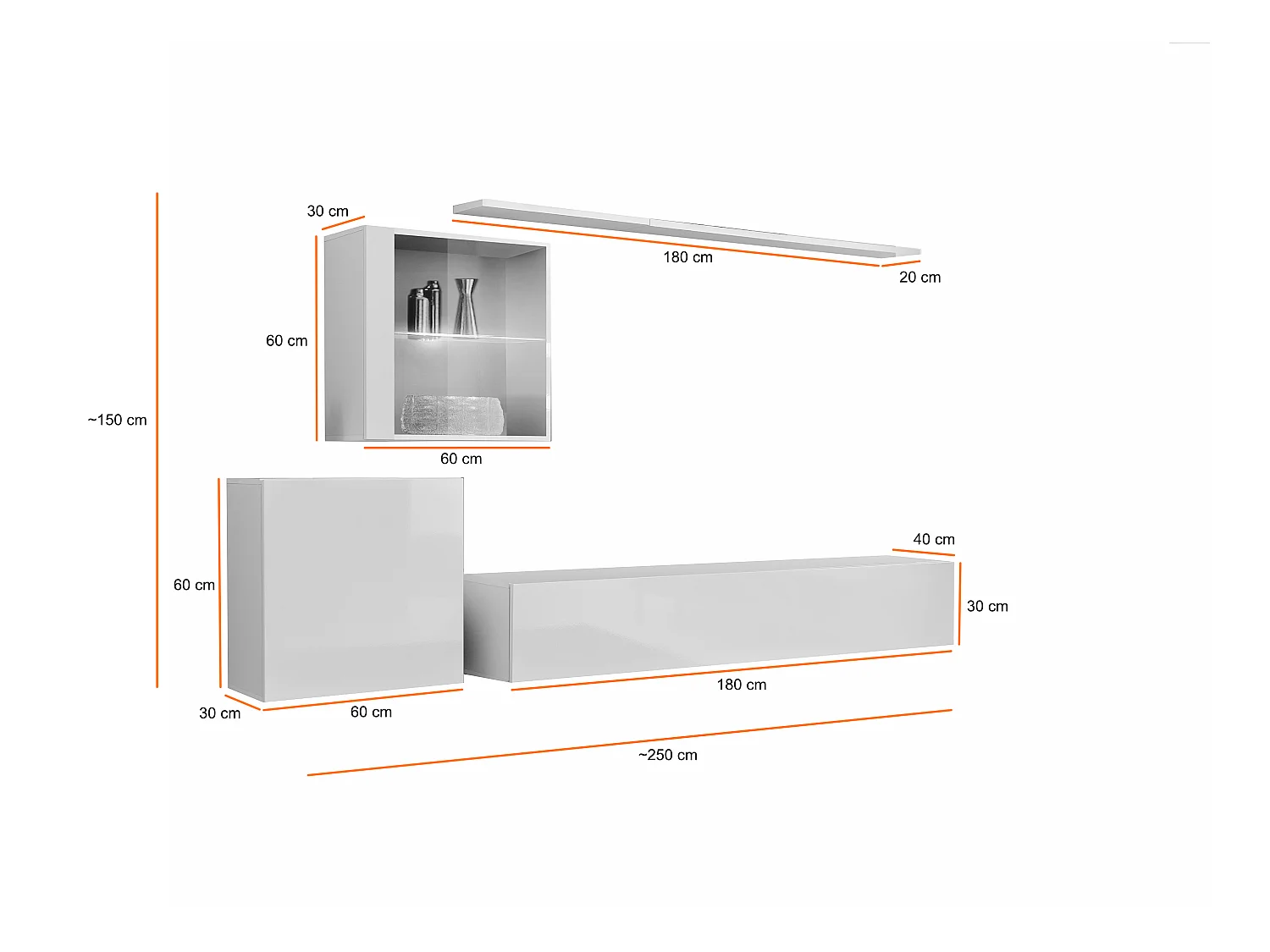 Parete attrezzata design moderno con vetrina illuminata PAP59 250x150 grigio