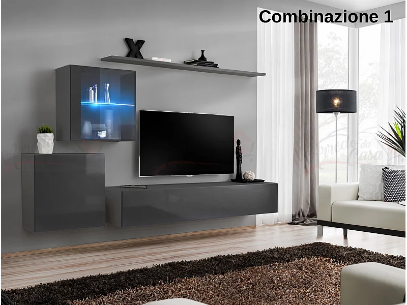 Parete attrezzata design moderno con vetrina illuminata PAP59 250x150 grigio