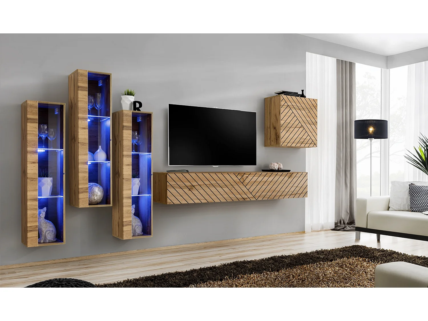 Parete attrezzata da soggiorno con luci LED 270x160 rovere PAP57