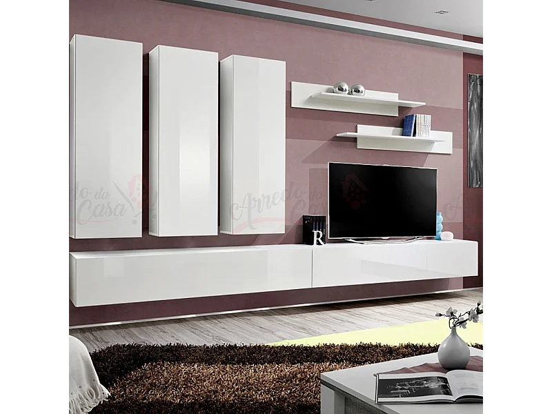 Parete attrezzata soggiorno con tre pensili verticali PAP91 320x190 bianco