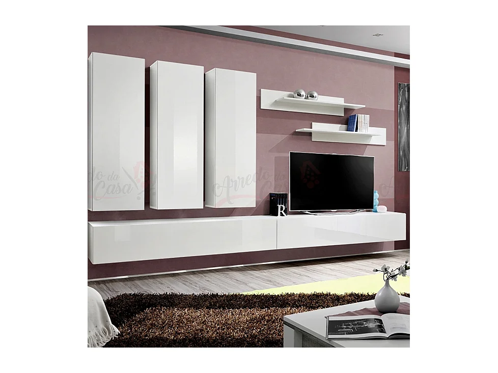 Parete attrezzata soggiorno con tre pensili verticali PAP91 320x190 bianco