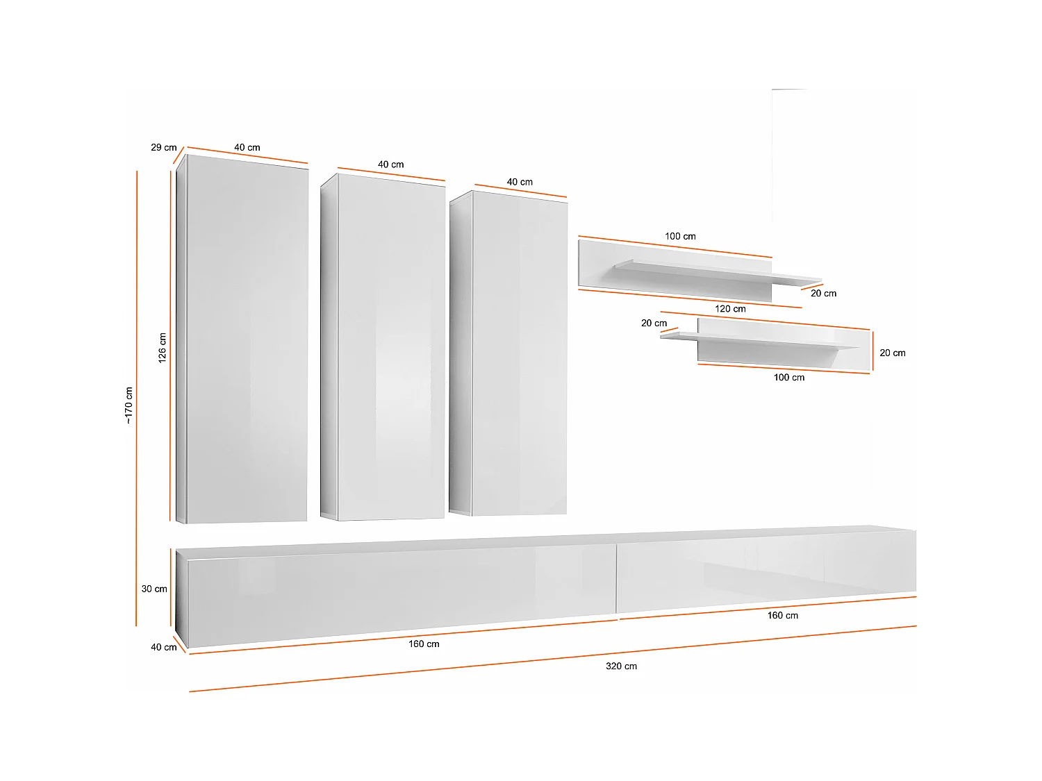 Parete attrezzata soggiorno con tre pensili verticali PAP91 320x190 bianco