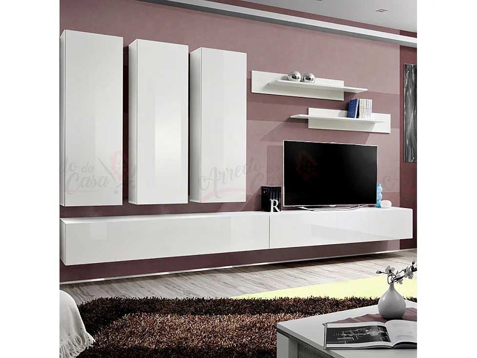 Parete attrezzata soggiorno con tre pensili verticali PAP91 320x190 bianco