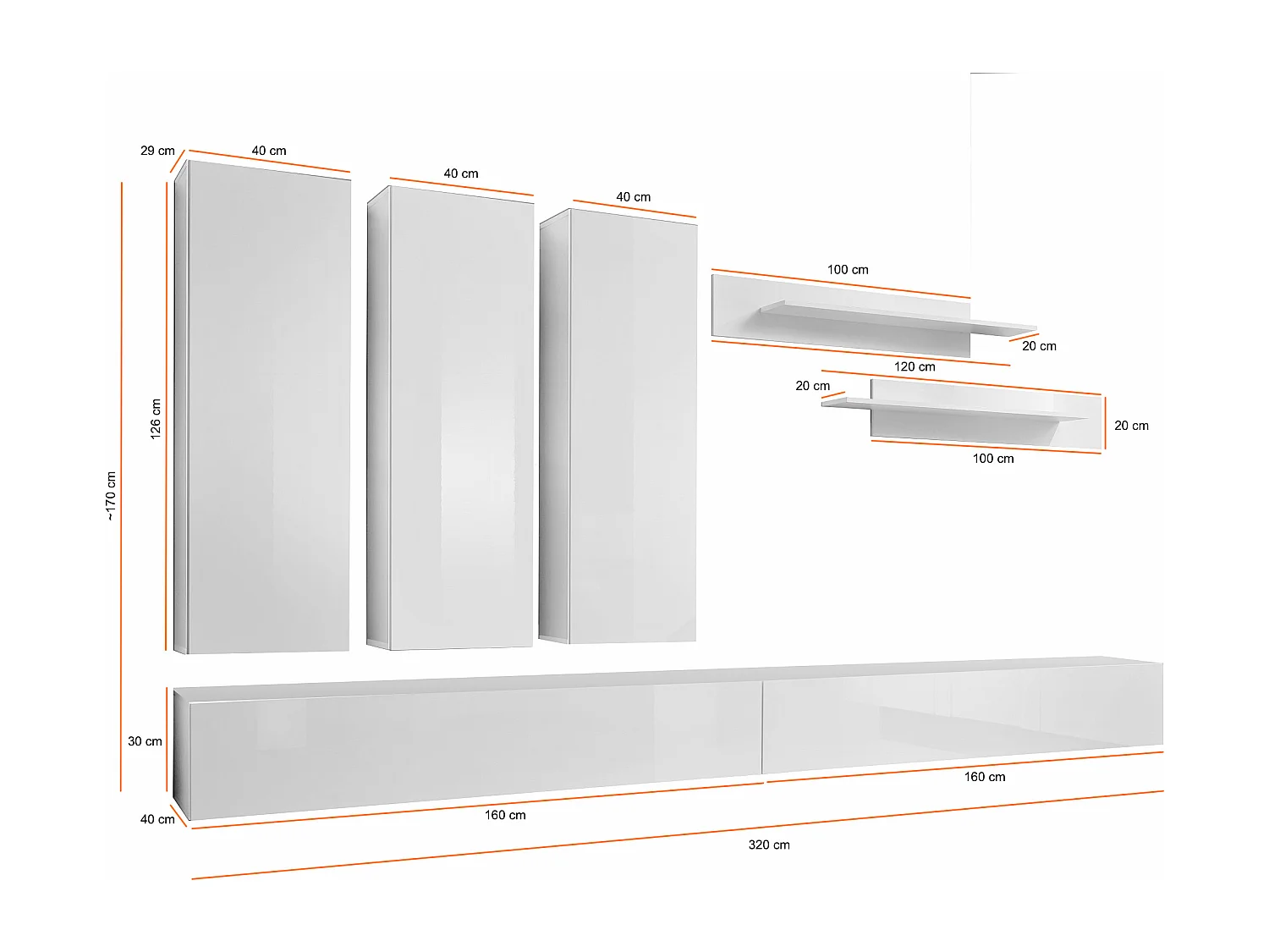 Parete attrezzata soggiorno con tre pensili verticali PAP91 320x190 bianco