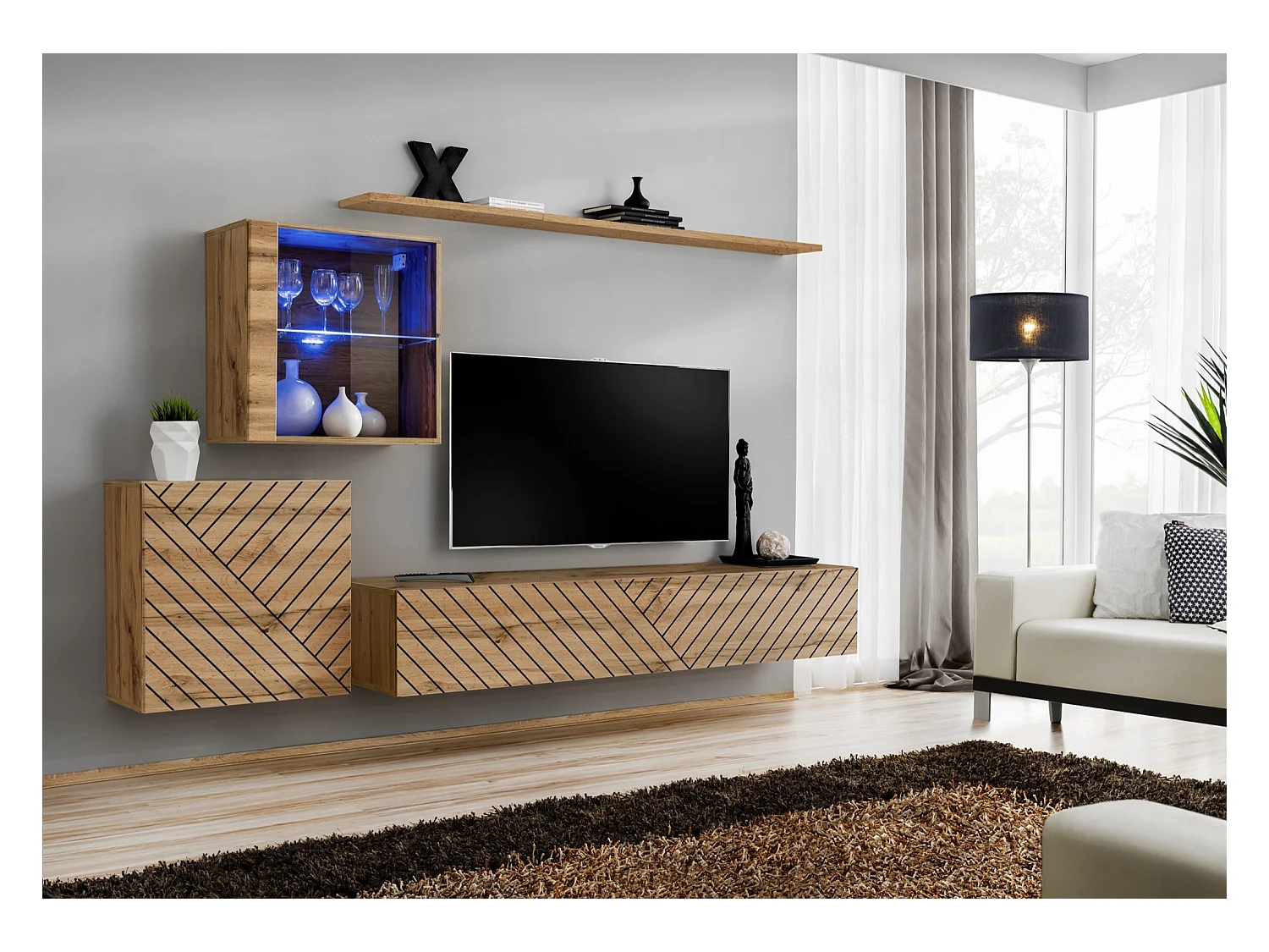 Parete attrezzata design moderno con vetrina illuminata PAP59 250x150 rovere