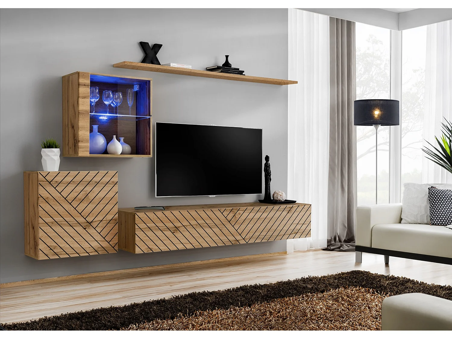 Parete attrezzata design moderno con vetrina illuminata PAP59 250x150 rovere