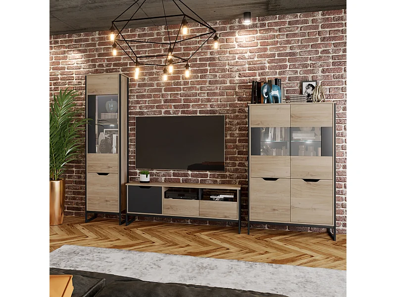 Parete attrezzata moderna con vetrine e mobile porta TV PAI32 160x54 rovere chiaro e antracite