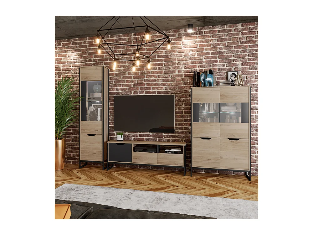 Parete attrezzata moderna con vetrine e mobile porta TV PAI32 160x54 rovere chiaro e antracite