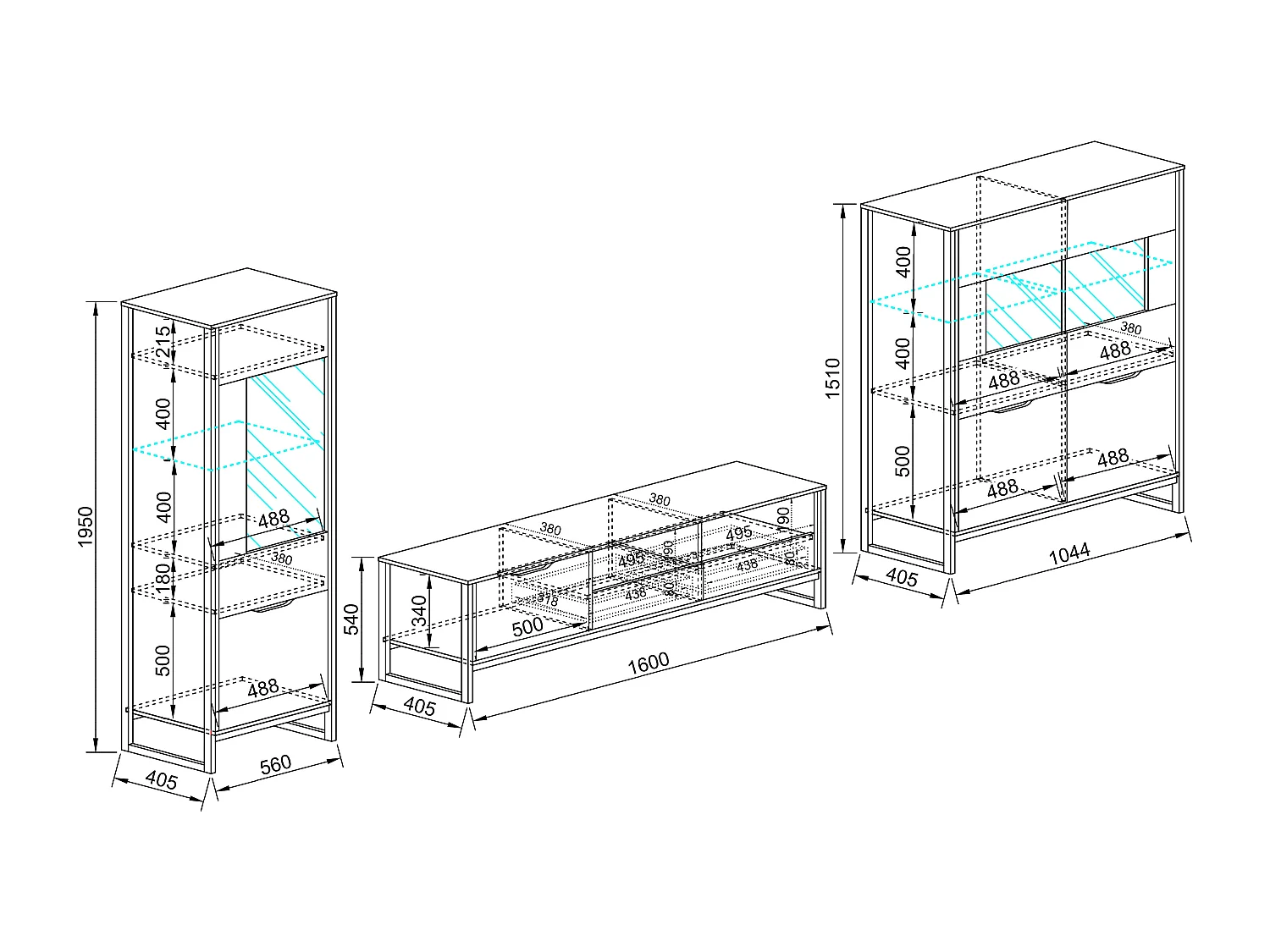 Parete attrezzata moderna con vetrine e mobile porta TV PAI32 160x54 rovere chiaro e antracite