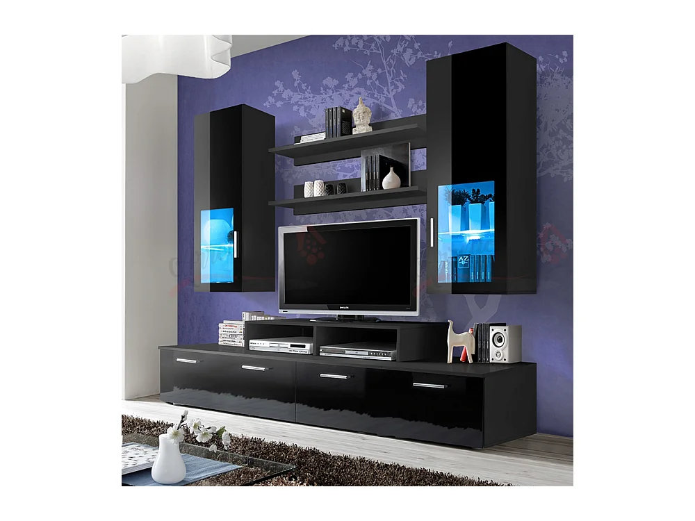 Parete attrezzata per soggiorno con vetrine illuminate 200x190 nero e nero lucido PAP25