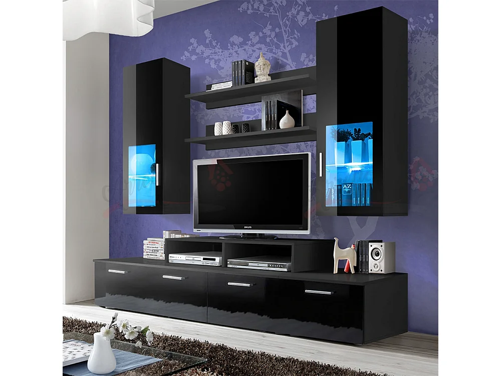 Parete attrezzata per soggiorno con vetrine illuminate 200x190 nero e nero lucido PAP25