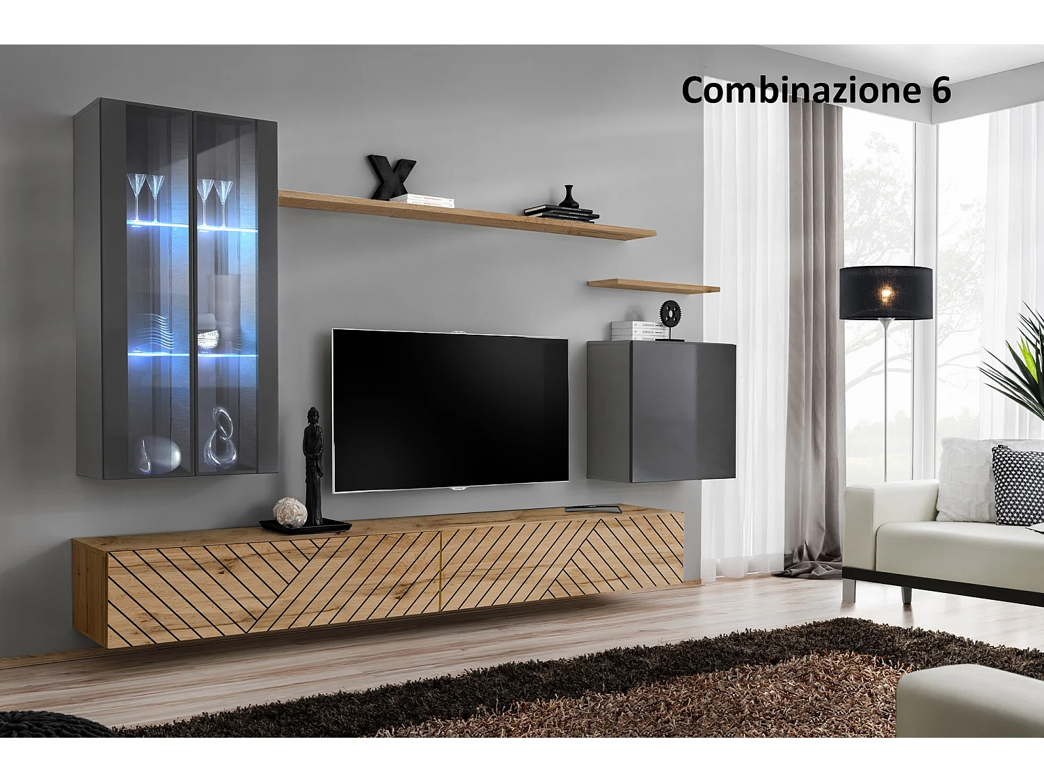 Parete attrezzata per soggiorno con luci LED 270x160 grigio e rovere PAP56