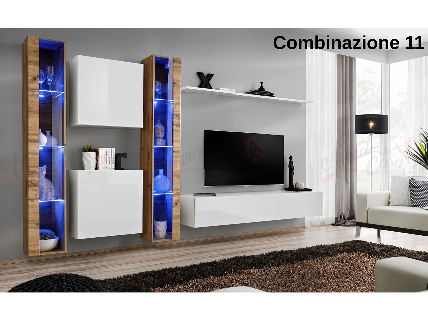 Parete attrezzata moderna da soggiorno con illuminazione led 330x180 rovere e bianco PAP60