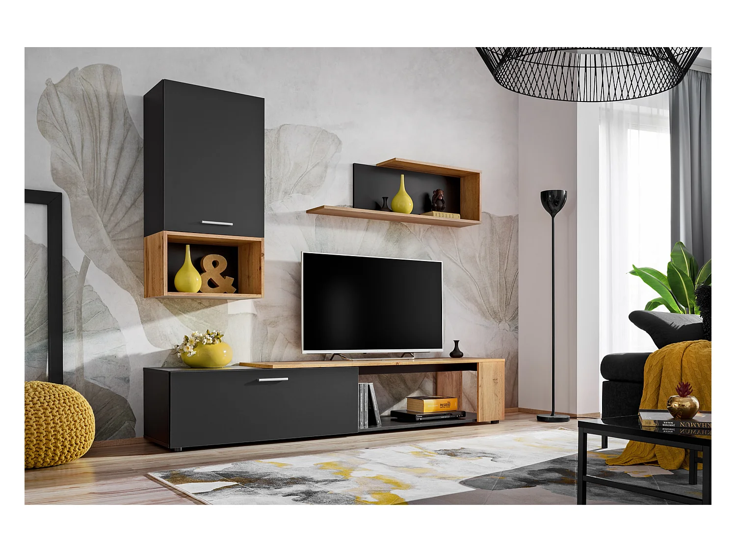 Parete attrezzata dal design moderno con cassetto PAP139 200x170 antracite e rovere