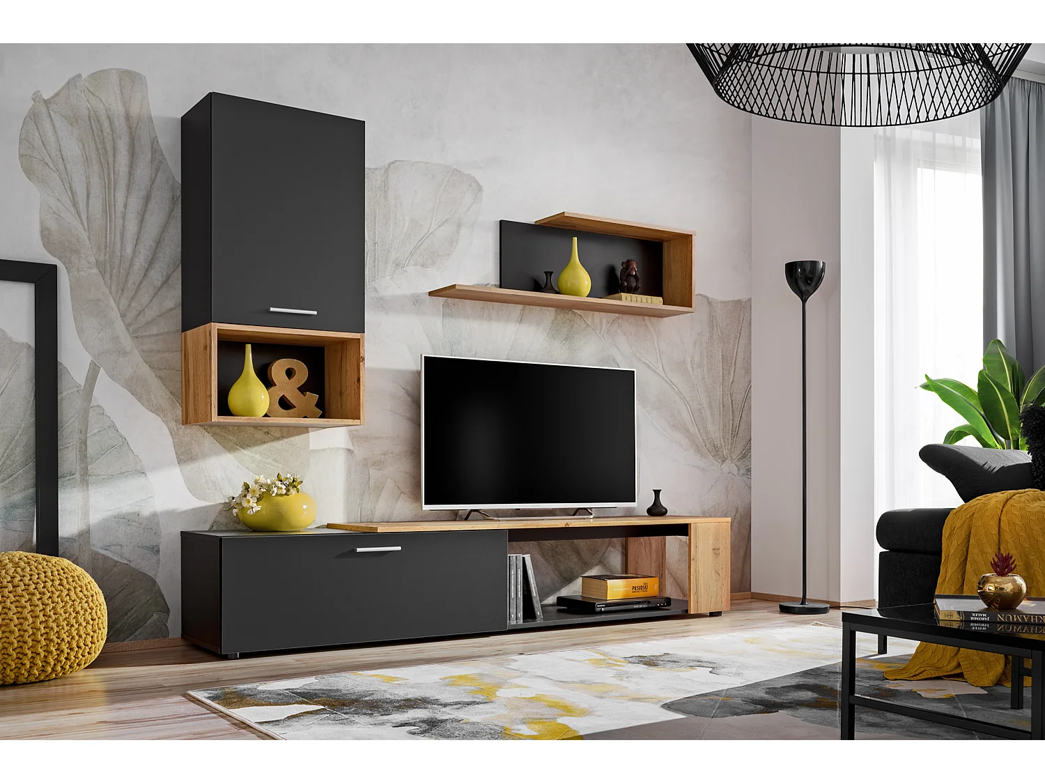 Parete attrezzata dal design moderno con cassetto PAP139 200x170 antracite e rovere