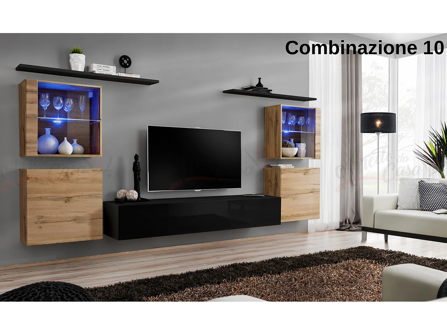 Parete attrezzata moderna con vetrine illuminate a led 320x150 rovere e nero PAP58