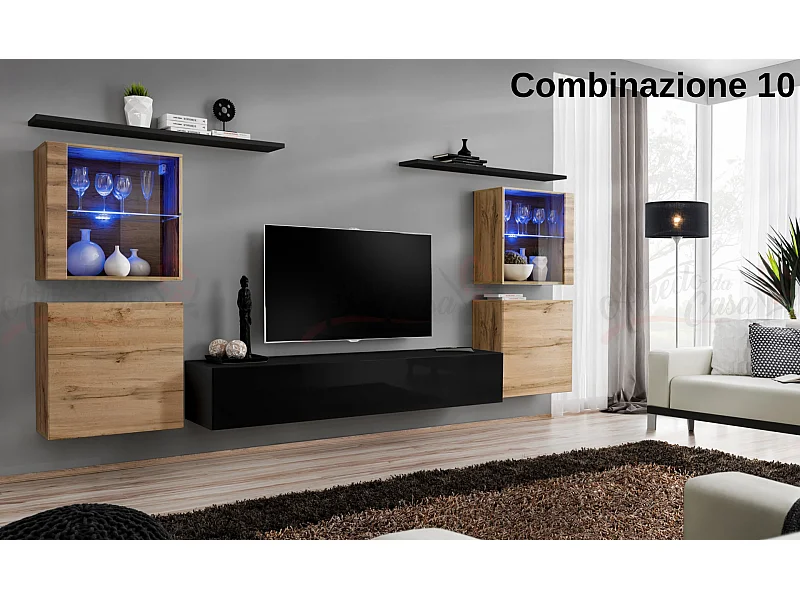 Parete attrezzata moderna con vetrine illuminate a led 320x150 rovere e nero PAP58
