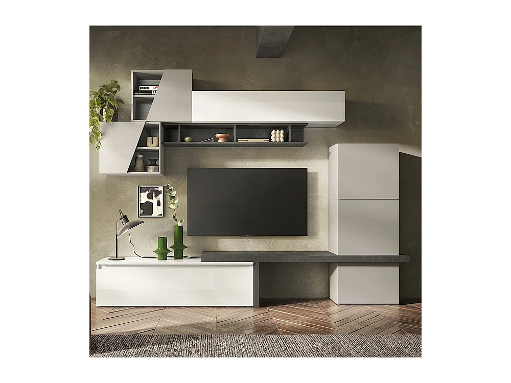 Parete attrezzata elegante 280x202 cm bianco lucido, grigio chiaro e piombo PAL64