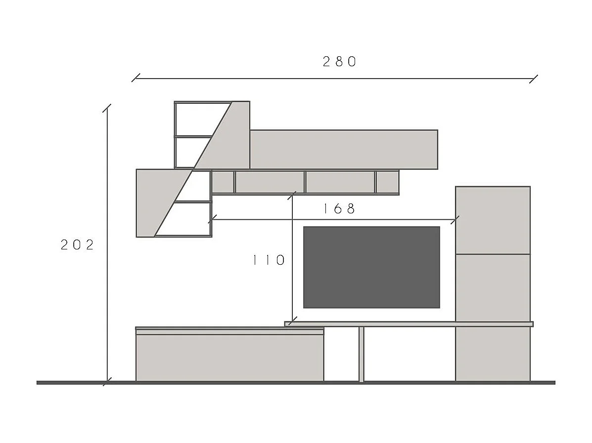 Parete attrezzata elegante 280x202 cm bianco lucido, grigio chiaro e piombo PAL64