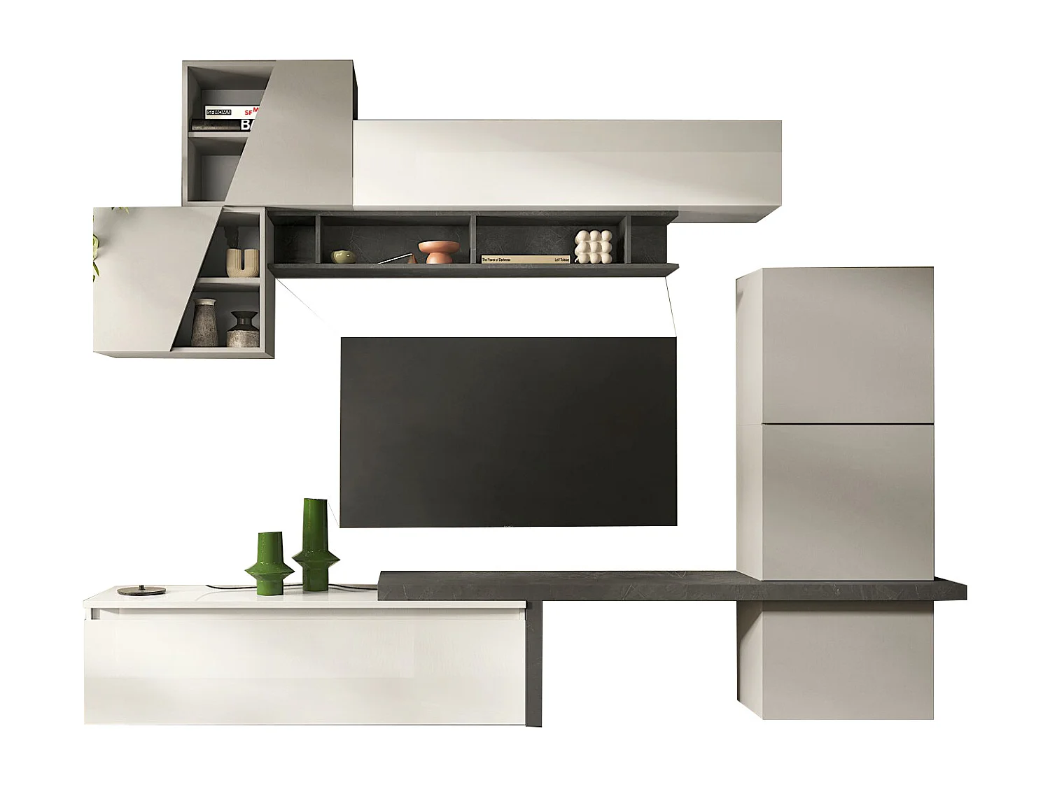 Parete attrezzata elegante 280x202 cm bianco lucido, grigio chiaro e piombo PAL64