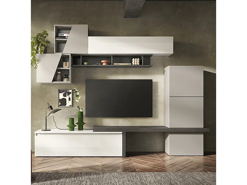 Parete attrezzata elegante 280x202 cm bianco lucido, grigio chiaro e piombo PAL64