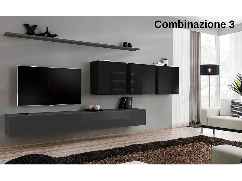 Parete attrezzata da soggiorno sospesa PAP51 340x150 grigio e nero