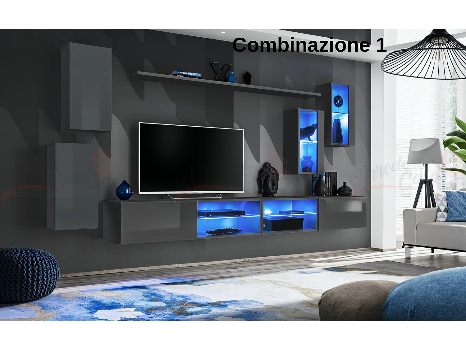 Parete attrezzata da soggiorno moderna con luci led 280x140 grigio PAP71