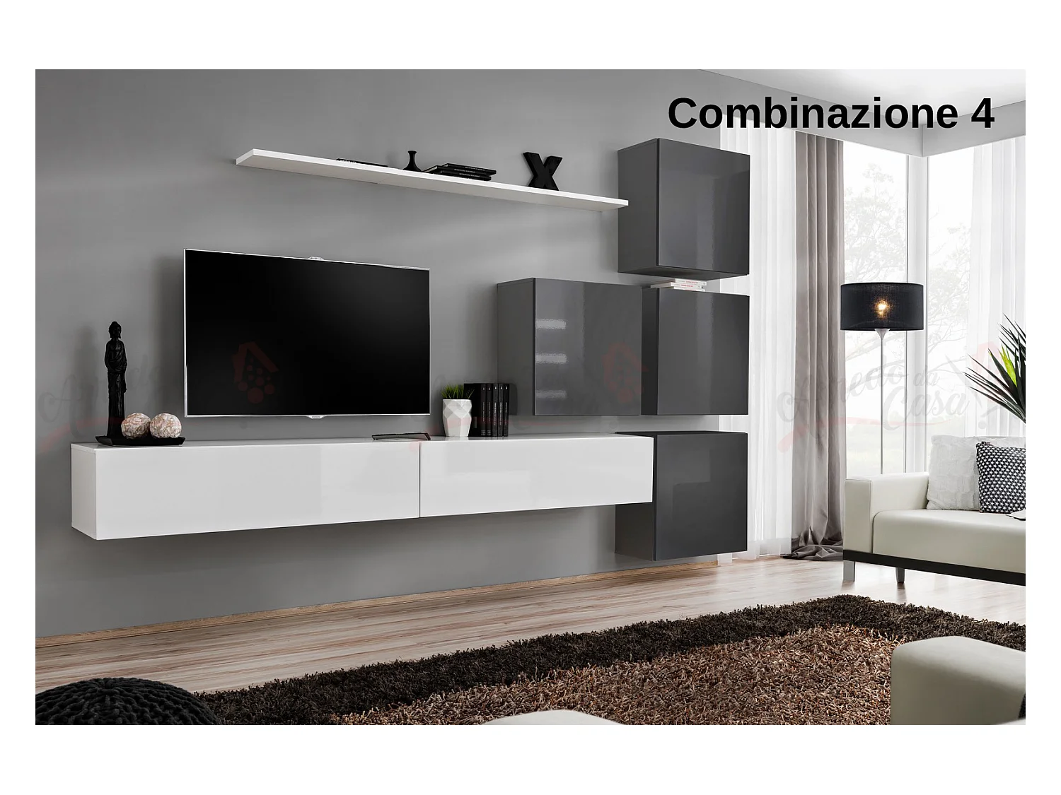 Parete attrezzata per soggiorno design moderno PAP53 310x200 bianco e grigio