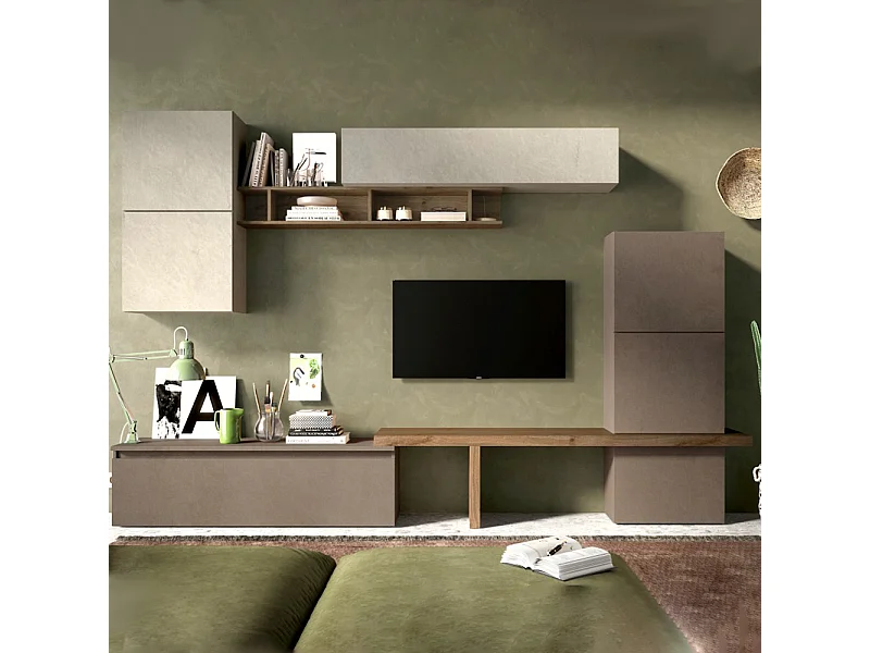 Parete attrezzata moderna 290x195 cm argilla, bronzo e noce PAL27