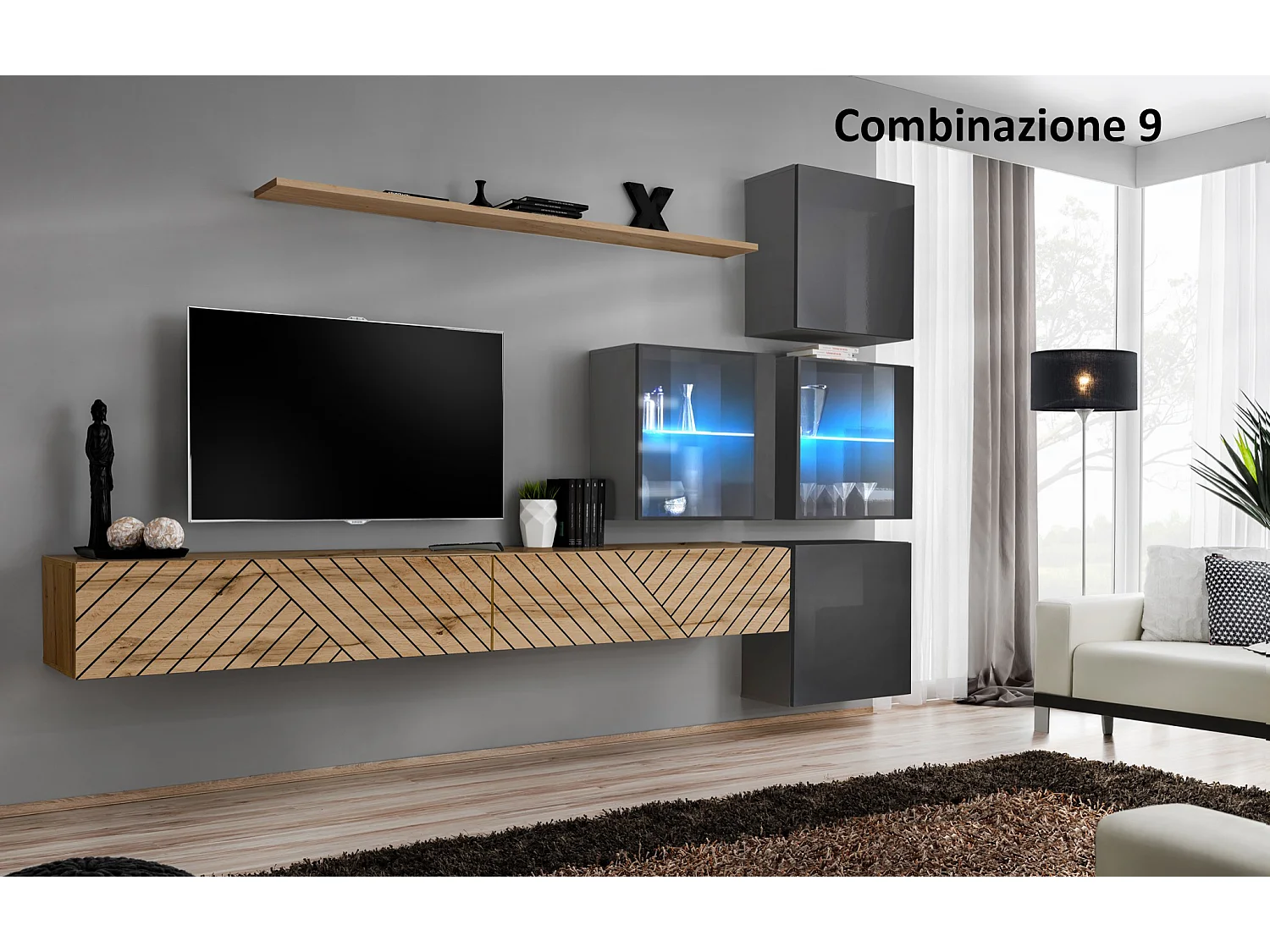 Parete attrezzata sospesa moderna con vetrinette 310x200 rovere e grigio PAP63