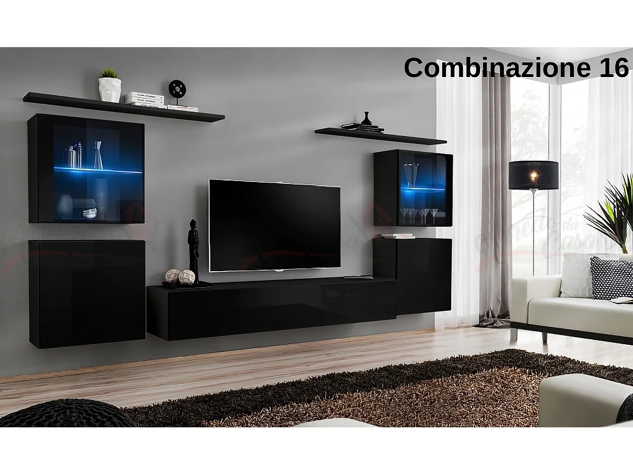 Parete attrezzata moderna con vetrine illuminate a led 320x150 nero PAP58