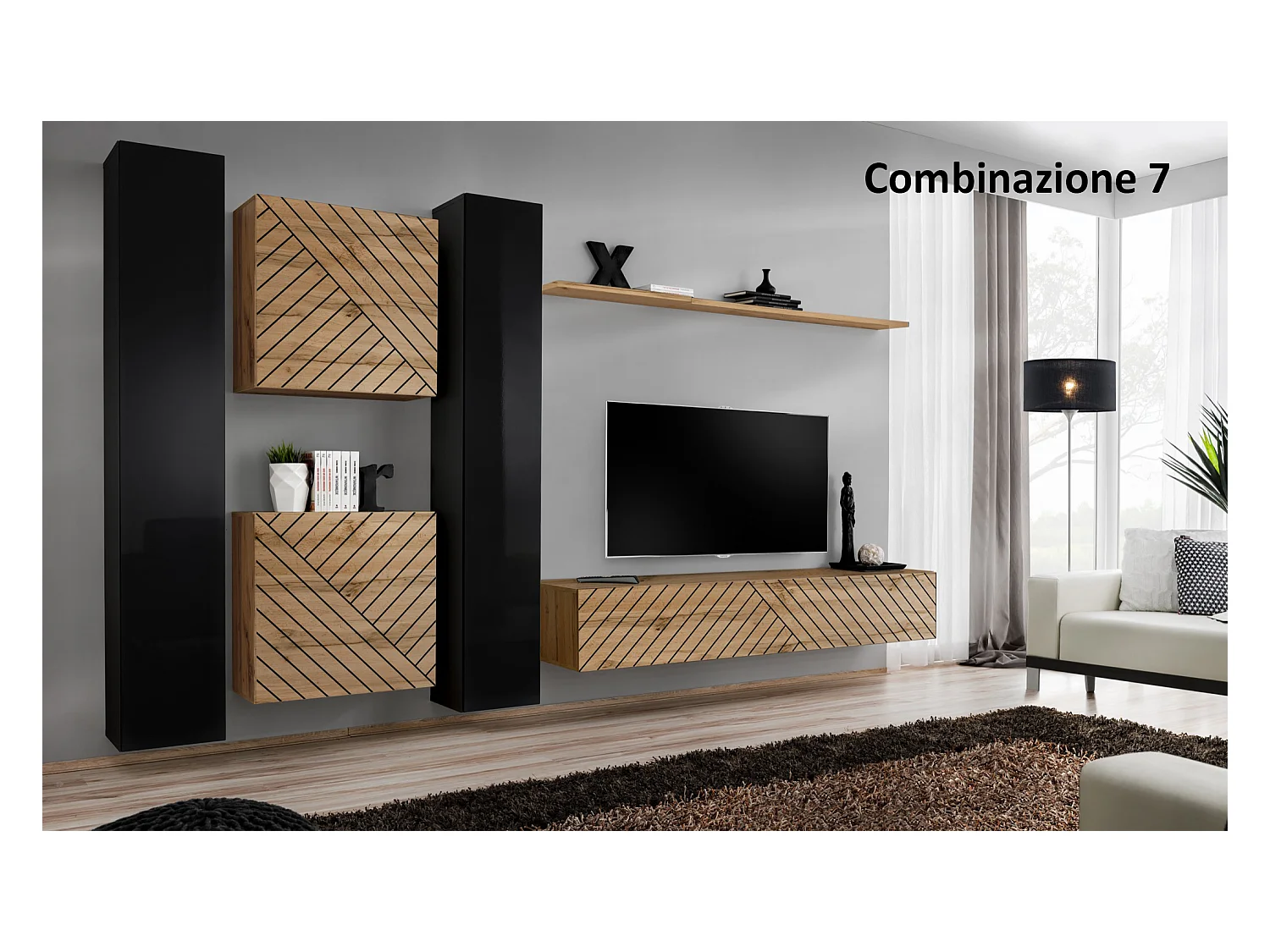 Parete attrezzata moderna sospesa 330x180 nero e rovere PAP50