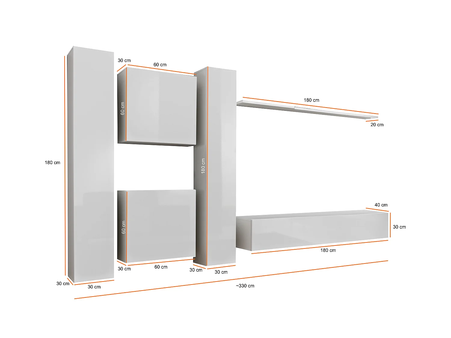 Parete attrezzata moderna sospesa 330x180 nero e rovere PAP50