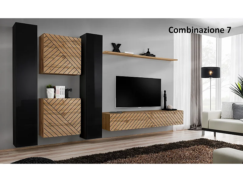 Parete attrezzata moderna sospesa 330x180 nero e rovere PAP50