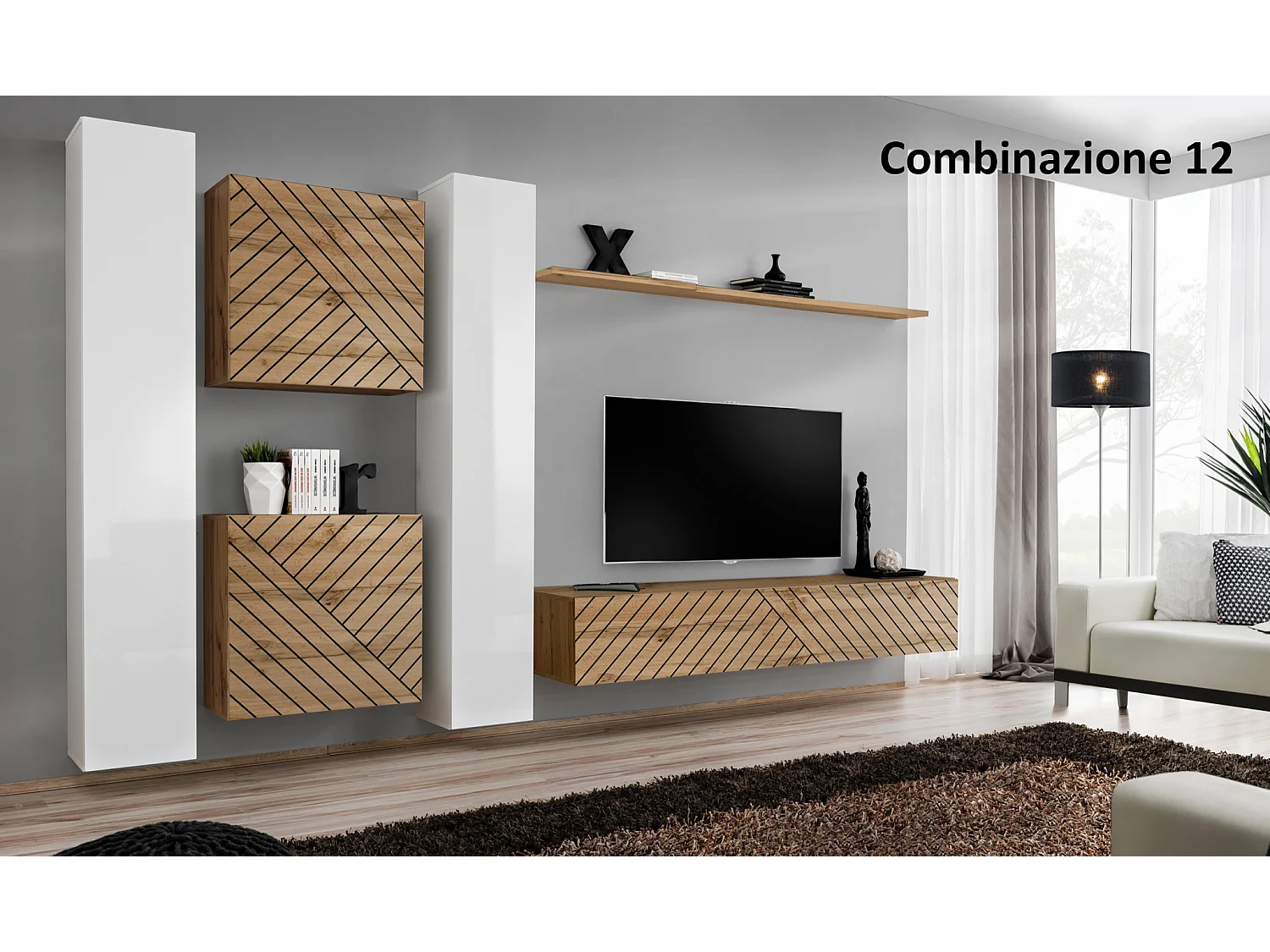 Parete attrezzata moderna sospesa PAP50 330x180 bianco e rovere