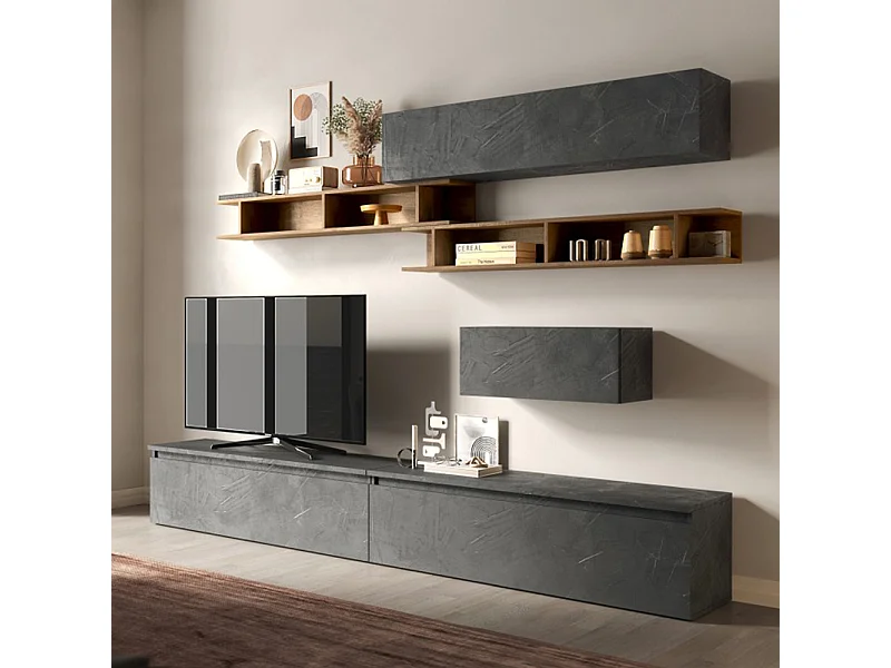 Parete attrezzata soggiorno 276x200 cm piombo e noce PAL46