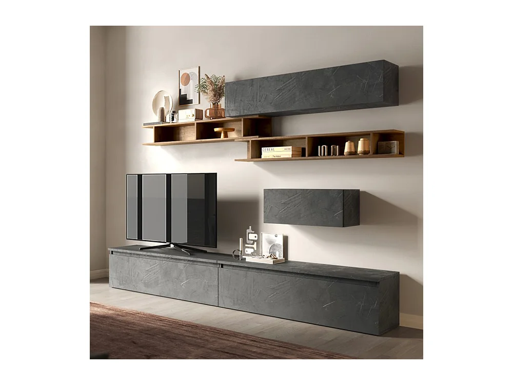 Parete attrezzata soggiorno 276x200 cm piombo e noce PAL46