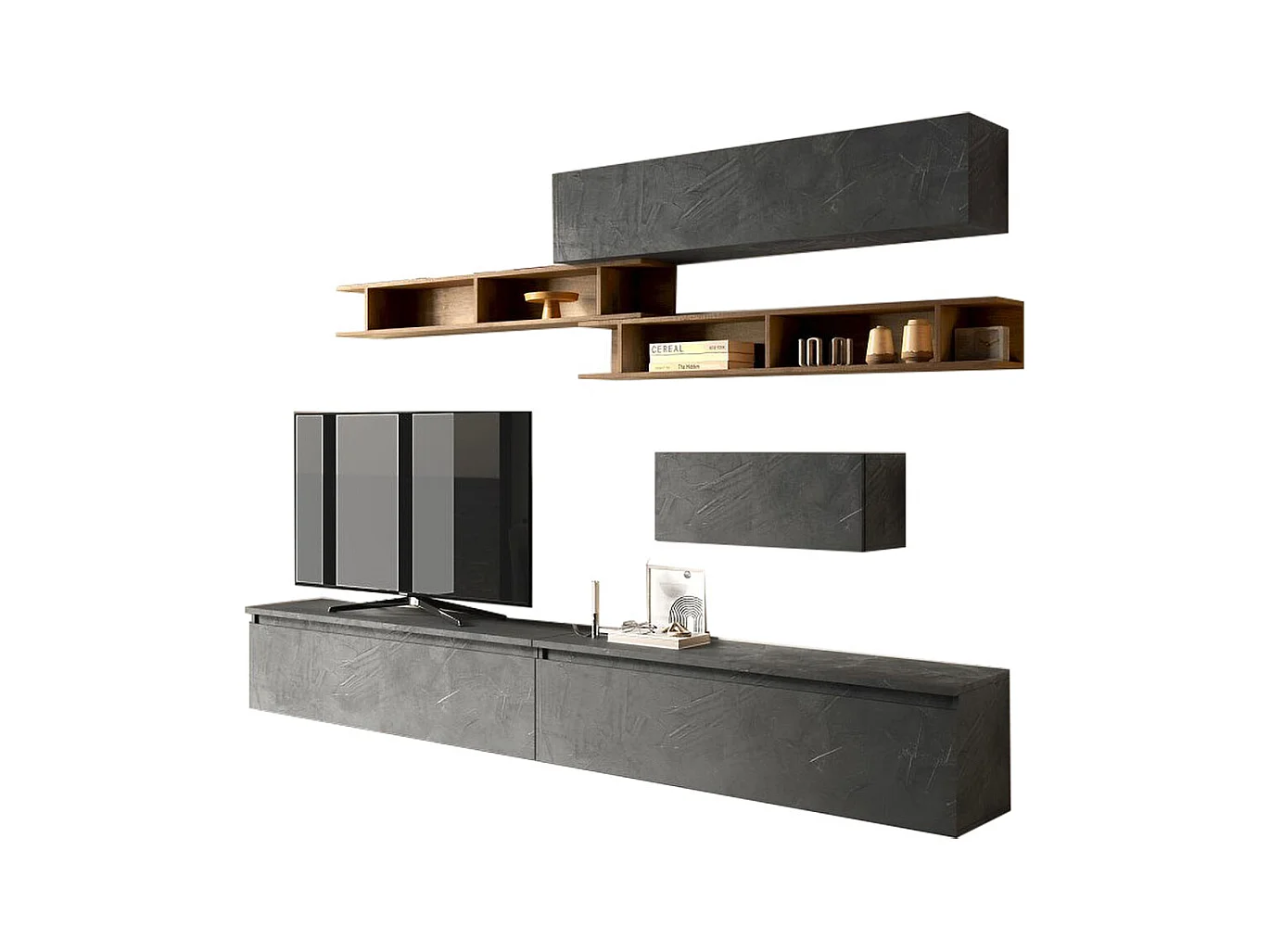 Parete attrezzata soggiorno 276x200 cm piombo e noce PAL46