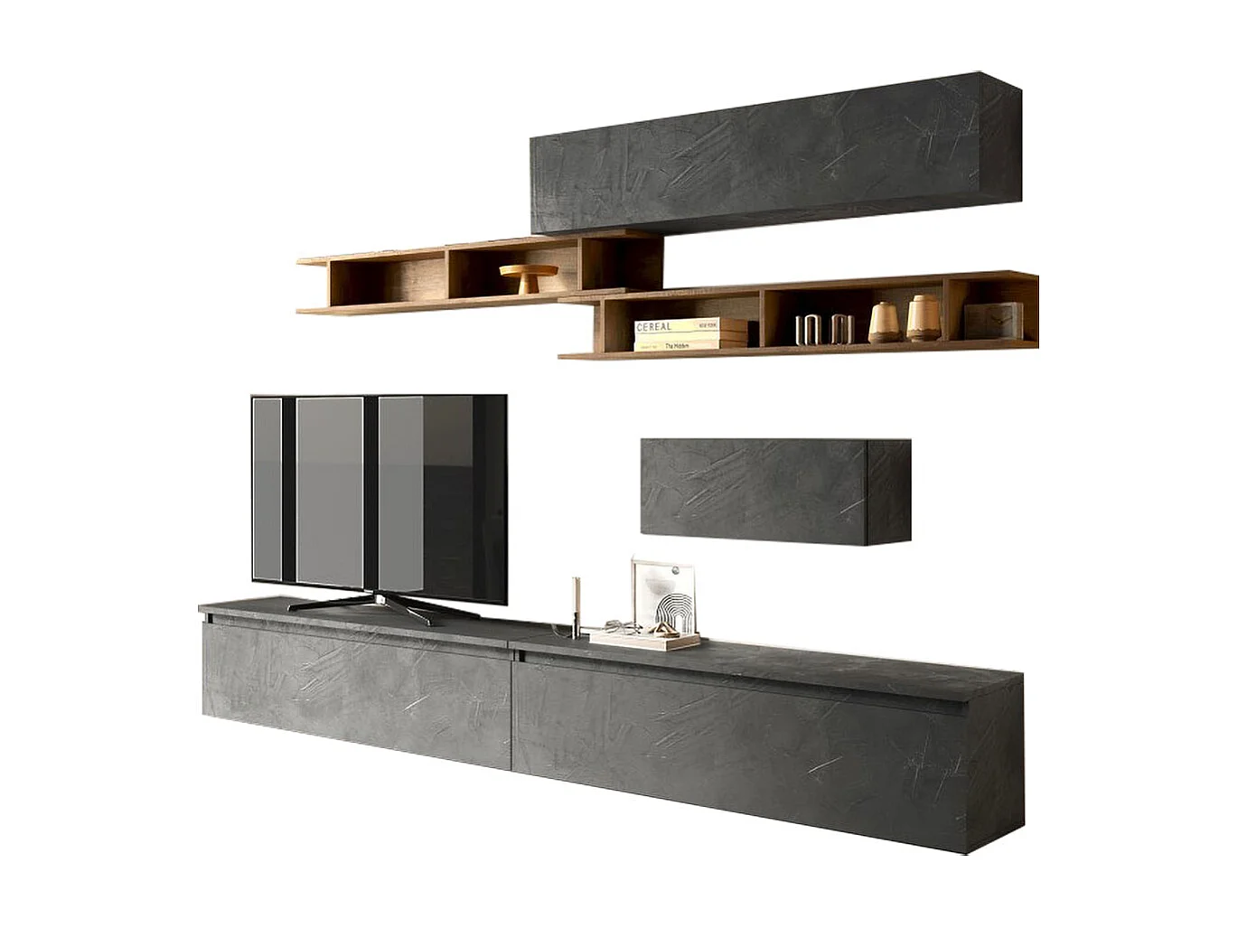 Parete attrezzata soggiorno 276x200 cm piombo e noce PAL46