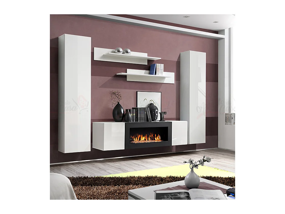 Parete attrezzata soggiorno moderna con biocamino PAP108 260x170 bianco