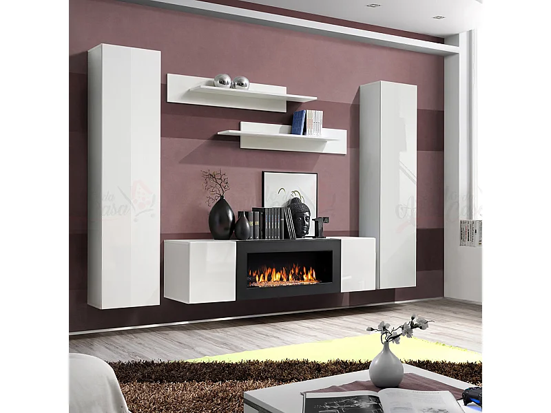 Parete attrezzata soggiorno moderna con biocamino PAP108 260x170 bianco