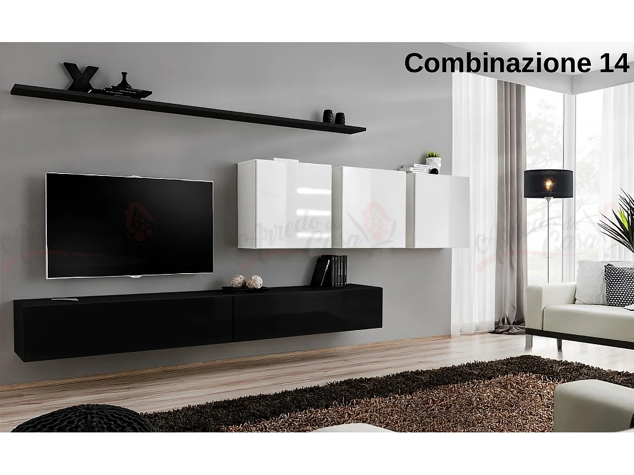 Parete attrezzata da soggiorno sospesa PAP51 340x150 nero e bianco