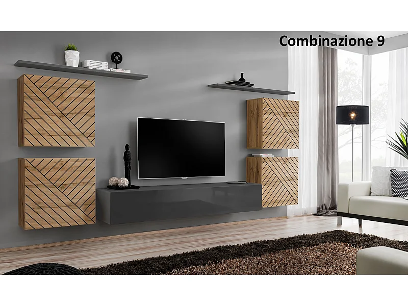 Parete attrezzata sospesa stile moderno 320x150 rovere e grigio PAP48