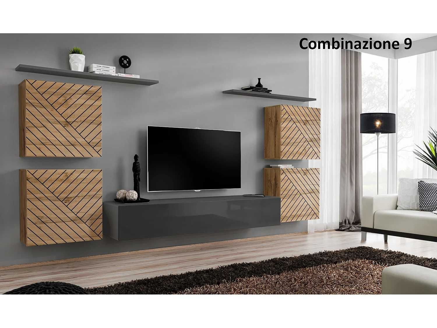 Parete attrezzata sospesa stile moderno 320x150 rovere e grigio PAP48