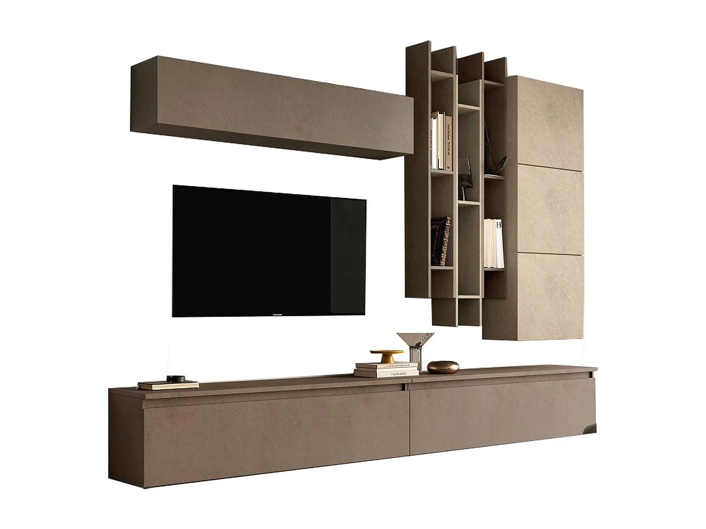 Parete attrezzata con libreria sospesa 276x210 cm argilla e bronzo PAL28